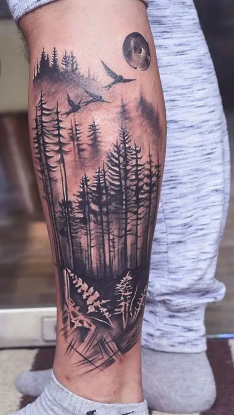 Men's Leg Tattoos, Simple Leg Tattoos, Calf Tattoo Men, Tatoo 3d, Wood Tattoo, Tattoo Band, Forest Tattoo, Animal Sleeve Tattoo, Nature Tattoo Sleeve