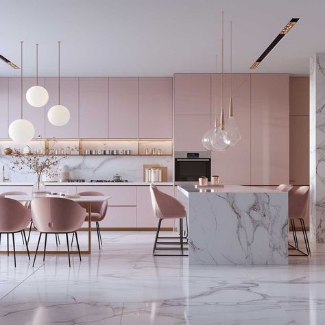 Effortless Elegance in Pink Color Interior Design • 333+ Images • [ArtFacade] Pink Kitchen Furniture, Soft Pink Highlights, Color Interior Design, White Modern Kitchen Ideas, New Kitchen Ideas, Blush Living Room, Contemporary Kitchen Island, Modern Wood Kitchen, Pink Bedroom Decor