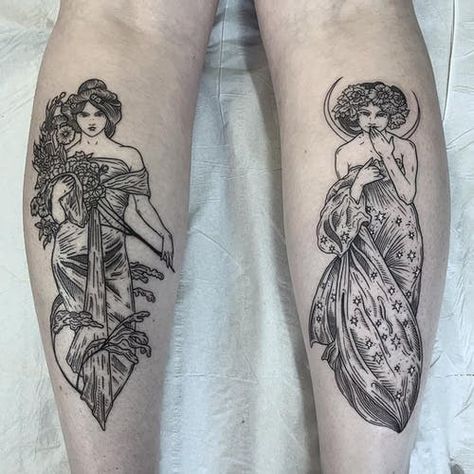 Alphonse Mucha Tattoo, Art Nouveau Floral Tattoo, Mucha Tattoo, Art Deco Tattoo, Art Nouveau Tattoo, Nouveau Tattoo, Pose Portrait, Clever Tattoos, Goddess Tattoo