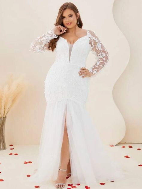 Plus Leaf Applique Split Thigh Ruffle Hem Mesh Wedding Dress | SHEIN USA Shein Wedding Dress, Shein Wedding, November Wedding Dresses, Wedding Dresses For Curvy Women, Train Garden, Mesh Wedding Dress, Wedding Dress Backless, Leaf Applique, Wedding Dress Necklace