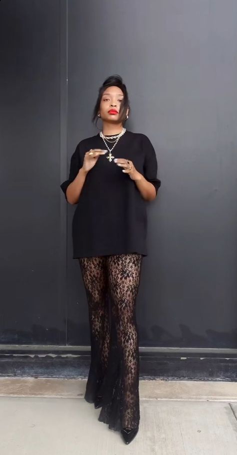 40th Birthday Looks For Women, Sheer Trousers Outfit, Sheer Lace Pants Outfit, All Black Summer Work Outfits, 30th Birthday Brunch Outfit, Business Punk Fashion, Black With A Pop Of Color Outfits, Dinner Party Casual Outfit, Date Night Movie Outfit