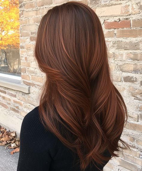 Mahogany Brown Hair with Subtle Red Highlights Cedar Brown Hair, Autumn Brown Hair Color, Reddish Brown Hair Colour, Mahagony Brown Hair, Dark Chestnut Brown Hair With Highlights, Dark Ginger Brown Hair, Mohagany Brown Hair, Dark Brown Hair With Auburn Highlights, Orange Brown Hair Color