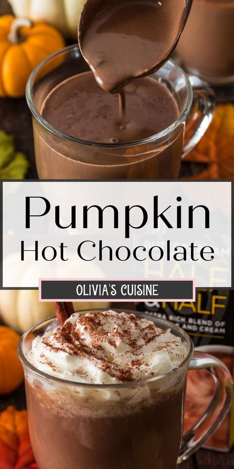 Pumpkin Spice Hot Chocolate Recipe, Pumpkin Hot Chocolate Recipe, Unique Hot Chocolate, Pumpkin Drink Recipes, Fall Hot Chocolate, Pumpkin Spice Hot Chocolate, Spice Hot Chocolate, Pumpkin Hot Chocolate, Hot Drinks Recipes