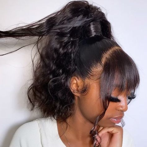 @sheer_glow on Instagram: "Frontal ponytail with a twist 🥺😋 We love when our clients allow us to get creative and put trust in us!! 😍 Get this look by booking the “high bun frontal ponytail” via our booking link FRINGE CUT IS OPTIONAL" Fringe Hairstyles Ponytail, Ponytail Hairstyles With Fringe, Fringe With Ponytail, Fringe Ponytail Hairstyles, High Ponytail And Bangs, Ponytail With Fringe, Ponytail With Bangs For Black Women, Bangs With Ponytail, High Ponytail With Bangs