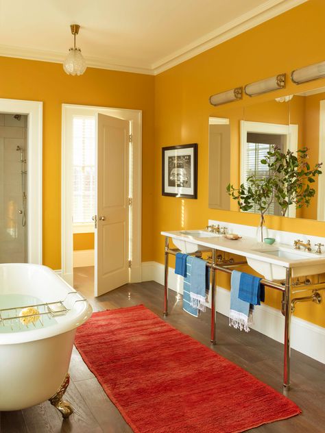 null Yellow Bathroom Paint, Makeover Kamar Mandi, Mustard Yellow Walls, Yellow Bathroom Decor, Yellow Dining Room, Mustard Walls, Yellow Bathroom, Yellow Room, Gold Bedroom