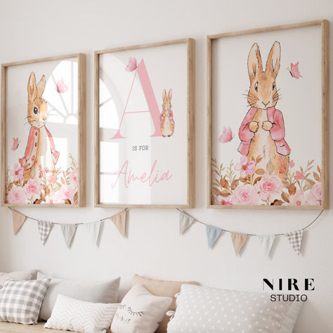 🐰 RABBIT WALL ART 🐰 Introduce the delightful realm of Peter Rabbit to your nursery! This personalised pink wall art adds whimsy and warmth, crafting a snug haven for your baby girl. With an endearing illustration starring Flopsy Rabbit and your little one's initial and birth date, it's a charming touch for their space. Personalized Nursery Art, Bunny Nursery Decor, Nursery Floral, Bunny Wall Art, Peter Rabbit Nursery, Rabbit Wall Art, Rabbit Nursery, Pink Nursery Decor