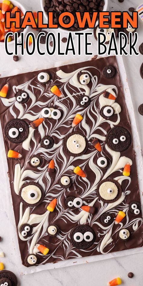 Ghost Chocolate Bark, Brownie Decorating Ideas Halloween, Halloween Chocolate Bark Recipes, Halloween Scotcheroos, Halloween Dessert Bar, Halloween Cracker Bark, Halloween Bars Dessert, Chocolate Covered Halloween Treats, Halloween Bark Candy