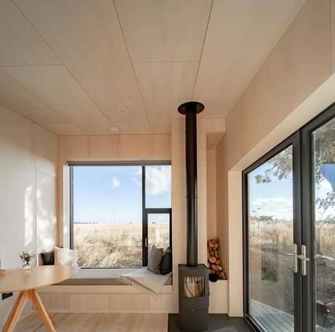 Dwell - When it comes to prefab tiny cabins, the more the... Interior Cabin, Prefab Buildings, Light Hardwood, Prefab Cabins, Light Hardwood Floors, Outdoor Living Rooms, Tiny Cabins, Luxury Cabin, Beach Shack