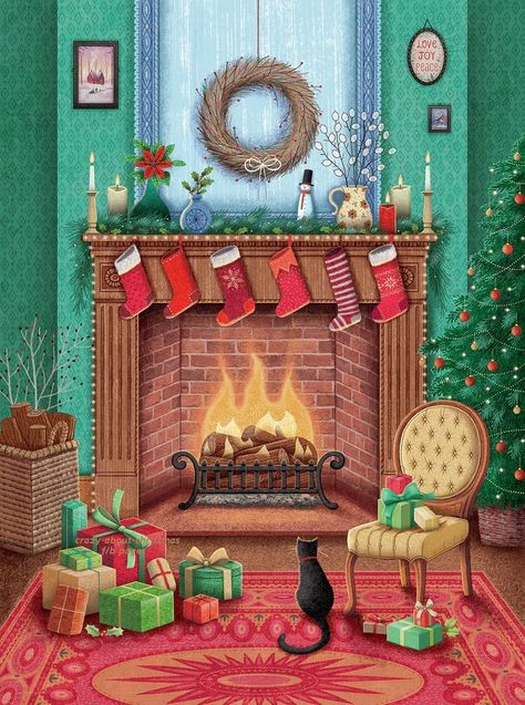 Christmas Scene Illustration, Fireplace Drawing, Graphics Resources, Holiday Living Room, Color Aesthetic, Logo Bundle, Sarah Kay, Advocate Art, Animated Christmas