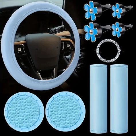 Blue Leather Steering Wheel Cover Set - For Women - Cute Car Accessories Set With Seat Belt Covers, Bling Start Button Ring, Air Vent Clips - Temu First Car Aesthetic, Car Decorations Ideas, Cute Car Ideas, First Car Ideas, Car Vision Board, Blue Car Accessories, Kawaii Car, Pink Car Accessories, Leather Steering Wheel Cover