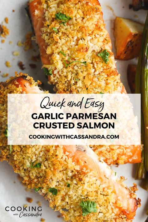 Parmesan crusted salmon coated in a garlicky, cheesy herb crust that’s crispy and scrumptious. Follow this recipe for a quick and easy crowd-pleaser. Feta Crusted Salmon, Garlic Parmesan Crusted Salmon, Salmon Recipes Parmesan Crusted, Parmasean Crusted Salmon, Panko Salmon Recipes, Salmon Parmesan Crusted, Encrusted Fish, Panko Crusted Salmon, Friday Meals