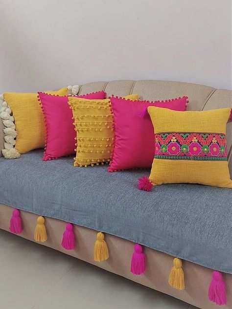 Sitting Corner, Diy Sofa Cover, Draps Design, Bed Cover Design, Sofa Throw Cover, Colorful Room Decor, Indian Room Decor, Drawing Room Decor, Creative Pillows