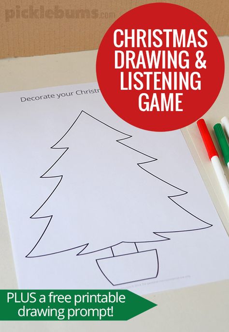 Christmas Drawing and Listening Game - with a free printable Christmas tree drawing prompt Printable Christmas Tree, Listening Games, Christmas Tree Drawing, Challenges Activities, Christmas School, Drawing Prompt, Preschool Christmas, Christmas Classroom, Free Christmas Printables