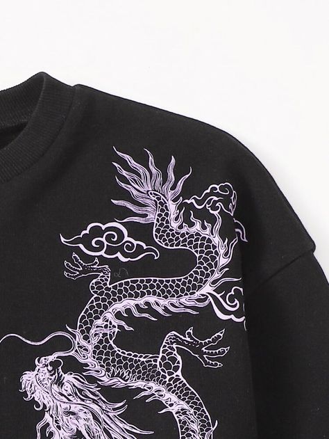 Girls Chinese Dragon Drop Shoulder Pullover & Drawstring Sweatpants Set | SHEIN Cool Hoodie Design Ideas, Bleach Print, Dragon Sweatshirt, Man Haircut, Hoodie Design Ideas, Gang Aesthetic, Asian Man Haircut, Dragon Chino, Girl Gang Aesthetic