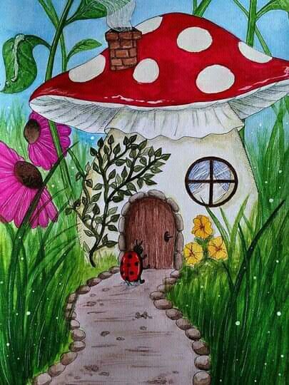 Whimsical Garden Art Drawing, Cottagecore Canvas Painting Easy, Gnome House Painting, Knome Houses Drawing, Fairy Painting Ideas Easy, Fairy Garden Painting Canvas, Gnome House Drawing, Cute Mushroom House Drawing, Easy Fairy Painting