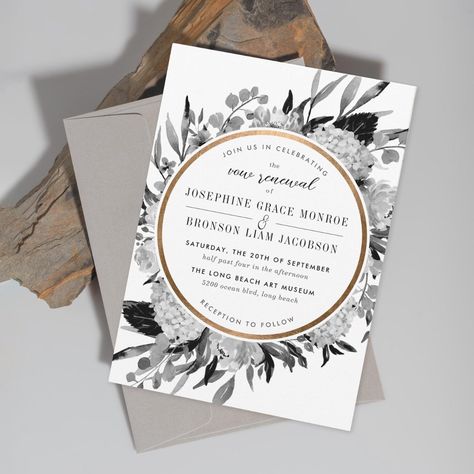 Modern Black and White Floral Vow Renewal Invitation  Zazzle Vow Renewal Vows, Elegant Invitation Design, Renewal Vows, Popular Wedding Invitations, Vow Renewal Invitations, Simple Elegant Wedding Dress, Vows Wedding, Renewal Wedding, Black And White Wedding Invitations