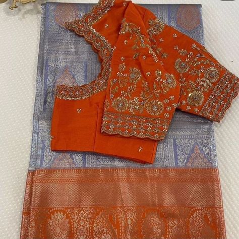 Orange Pattu Blouse Designs, Mirror Maggam Work Blouse Designs Latest, Mirror Work Blouse Design For Pattu Sarees, Orange Blouse Maggam Work Designs, Maggam Work Blouse Designs Latest For Pattu Sarees, Work Blouse Designs Latest, Latest Maggam Work Blouses, Maggam Designs, Maggam Blouse