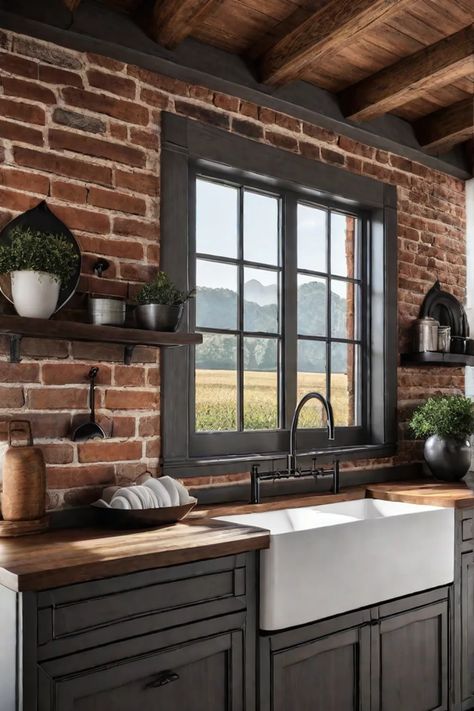 Cozy kitchen with rustic charm Brick Backsplash Kitchen Rustic, Brick Backsplash Kitchen Black Counter, Brick Wall In Kitchen Ideas, Black Brick Kitchen Backsplash, Exposed Brick Backsplash Kitchen, Brick Back Splashback Kitchen, Rustic Kitchen Window, Brick Backsplash Kitchen Farmhouse Style, Kitchen With Brick Backsplash