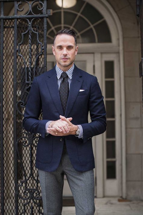 Navy Blue Blazer Outfit, Navy Blazer Outfits, He Spoke Style, Blue Blazer Outfit, Grey Pants Men, Blue Suit Jacket, Blazer Outfits Men, Mens Business Casual Outfits, Mens Fashion Blazer