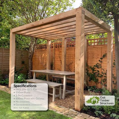 Oak Pergola in a garden with no overhang Oak Pergola, Pergola Kits, Garden Seating, Modern Aesthetic, Online Design, Solid Oak, Patio Garden, Gazebo, Garden Design