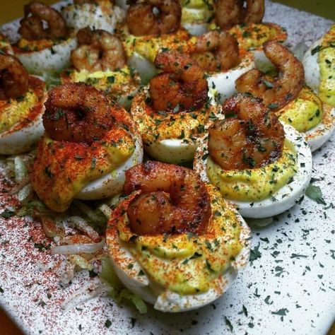 🔥 Soul Food Recipes 😋 The Original | Creole Shrimp Deviled Eggs Blackened Shrimp Deviled Eggs, Shrimp Brunch Ideas, Deviled Eggs With Shrimp, Shrimp Breakfast, Soul Food Catering, Shrimp Deviled Eggs, Creole Shrimp, Southern Deviled Eggs, Creole Food