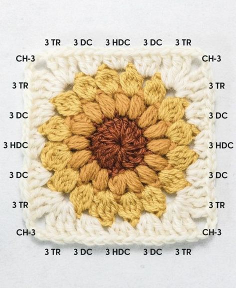 Granny Square Flowers Patterns, Sarah Maker, Sunflower Granny Square Pattern, Crochet Sunburst, Sunflower Granny Square, Motifs Granny Square, Crochet Granny Square Tutorial, Sunburst Granny Square, Crochet Dreams