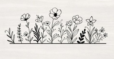 Row Of Flowers Drawing, Horizontal Doodles, Flower Doodles Simple, Simple Flower Doodles, Flowers Drawn, Wildflower Drawing, Doodle Art Flowers, Idee Cricut, Flower Line Drawings