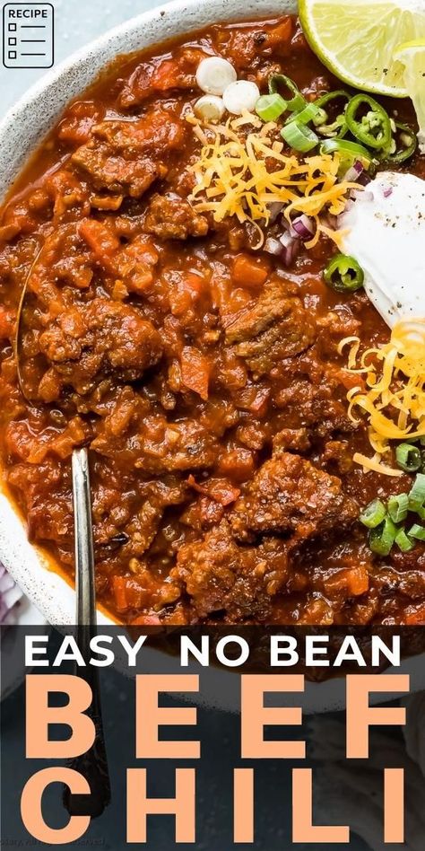 Texas No Bean Chili is hearty and jam packed with tender meat, veggies and bold flavor! It's so easy to prepare and can be made with beef, turkey or pork! Homemade Chili Without Beans, Ground Beef Chili Recipe No Beans, Homemade Chili Recipe No Beans, Texas No Bean Chili Recipe, Best No Bean Chili, Chilli Recipe No Beans, Texas No Bean Chili, Texas Soup, All Meat Chili