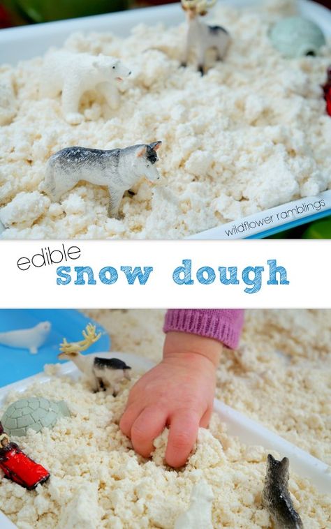 Edible Snow Dough - Wildflower Ramblings New Edible Snow, Sensory Snow, Moon Dough, Snow Dough, Snowman Building, Snow Recipe, Play Snow, Sensory Dough, Winter Play