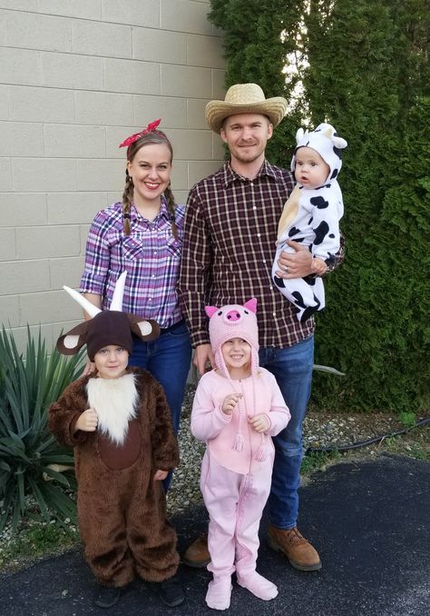 We made these farmer and farm animal costumes from last minute thrift store finds! Pig, cow, and goat. Farmer Woman Costume, Toddler Farm Animal Costumes, Farm Animal Costumes For Kids, Farm Animal Group Costumes, Farmer And Animals Halloween Costume, Farm Costumes For Adults, Farmer Outfit Women Costume, Farm Animal Family Costumes, Old Macdonald Costume