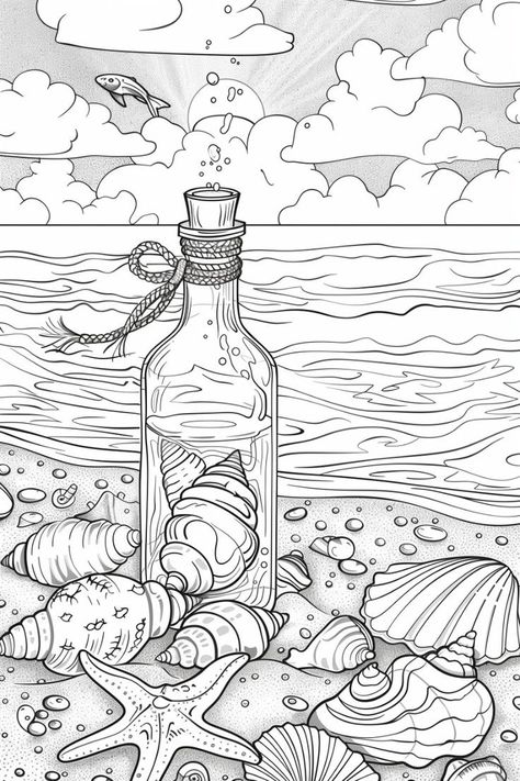 Coastal Coloring Pages, Interesting Coloring Pages, Beach Colouring Pages, A Beach Scene Drawing, Bottle Coloring Page, Mermaid Colouring Pages, Coloring Pages Beach, Sea Coloring Pages, Ocean Coloring Pages