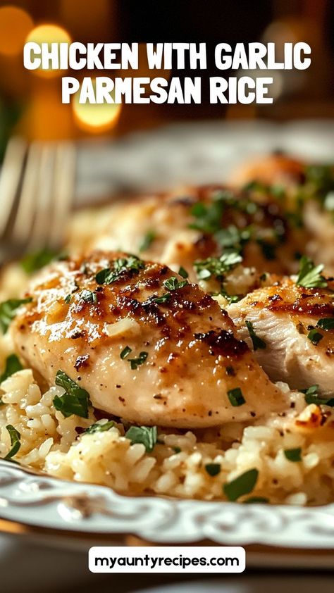 This Chicken with Garlic Parmesan Rice is a simple, delicious dinner combining juicy chicken and flavorful rice. Perfect for weeknights, it’s a comforting meal full of garlic and Parmesan goodness. Garlic Parmesan Chicken And Rice Bake, Garlic Parmesan Rice, Chicken And Rice Recipes, Parmesan Rice, Flavorful Rice, Chicken With Garlic, Rice Recipes For Dinner, Rice Dinner, Garlic Parmesan Chicken