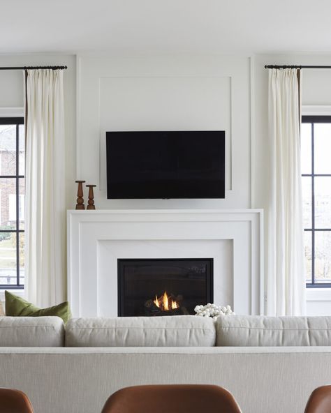 LIVABLE MODERN – Design Theory Transitional Fireplace Surround Ideas, Couch Off Wall Living Rooms, Fireplace Makeover Organic Modern, Fireplaces With Wood Surround, Picture Framed Fireplace, Mantel Molding Ideas, Small Gas Fireplace With Tv Above, Hide Soundbar On Mantle, Bold Neutral Living Room