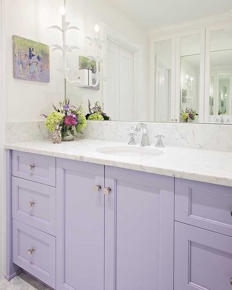 Girly Bathroom Decor, Purple Cabinets, Lavender Bathroom, Girly Bathroom, Purple House, Cabinet Painting, Purple Bathrooms, Bath Cabinets, Paper Moon