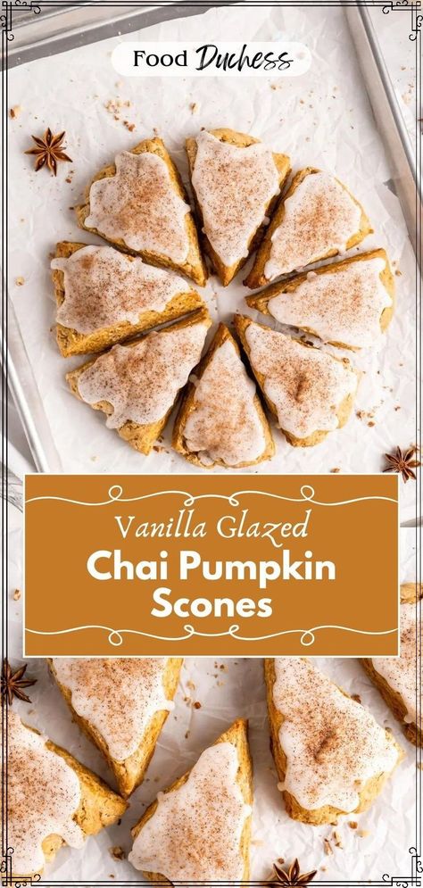 These incredible chai-spiced pumpkin scones are full of warm aromatic flavour, and are perfectly flaky in texture. These iced pumpkin scones are made with an array of cozy chai spices, including cinnamon, cloves, and cardamom. These scones are full of several flaky layers, while simultaneously being extremely moist! Pumpkin Chocolate Scones, Pumpkin Chocolate Chip Scones, Halloween Scones, Pumpkin Chocolate Chip Scones Recipe, Simple Baked Goods, Fall Scones, Fall Pastry, Tender Scones, Buttery Scones