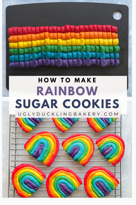 Two images. The top shows rainbow colored cookie dough cut into small balls. The bottom shows nine rainbow shaped rainbow cookies on a cooling rack. The title reads, “How to make rainbow sugar cookies.” and the website uglyducklingbakery.com is below. Pride Desserts Easy, Pride Desserts, Pride Cookies, School Bake Sale, Rainbow Cookies Recipe, Rainbow Sugar Cookies, Make A Rainbow, Iced Biscuits, Amazing Desserts