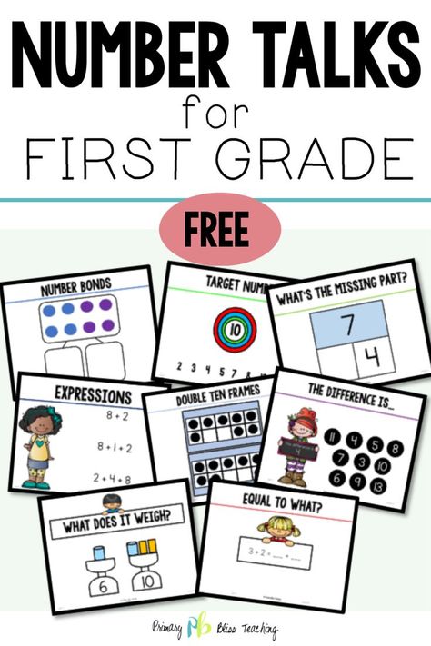 First graders love these number talks. These FREE Number Talks will get your kiddos talking math in to time. Math Talks, First Grade Curriculum, First Grade Lessons, Number Talks, Math Fact Fluency, Eureka Math, Math Talk, Math Number Sense, Math Intervention