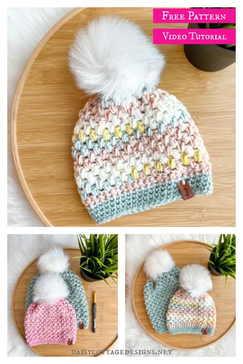 Easy Puff Stitch Hat Free Crochet Pattern and Video Tutorial Crochet Puff Stitch Beanie, Winter Hat Crochet Pattern Free, Puff Stitch Crochet Hat, Puff Stitch Hat, Crochet Beanie Hat Free Pattern, Crochet Pom Pom Hat, Winter Hat Crochet Pattern, Crochet Toddler Hat, Crochet Pom Pom