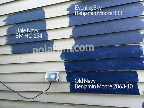 Our dark paint swatches from Benjamin Moore: Hale Navy HC-154, Evening Sky 833, Old Navy 2063-10 | nolakim.com Benjamin Moore Hale Navy, Best Exterior House Paint, Benjamin Moore Exterior, Exterior Paint Schemes, Best Exterior Paint, Lake Houses Exterior, House Paint Color Combination, Hale Navy, Dark Paint