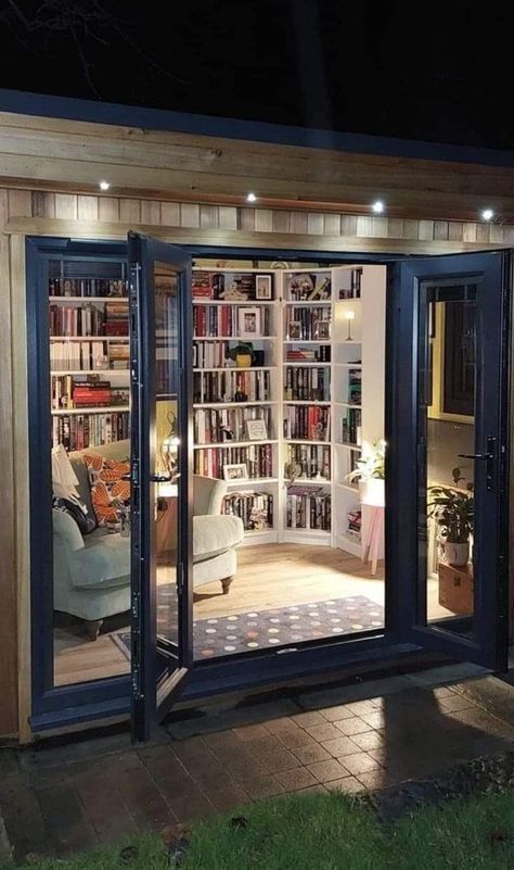 Cottage Library Small Spaces, She Shed Bookshelves, She Shed Library Interior, Tiny House Library Ideas, Pretty Home Library, Library Shed Ideas, House Library Ideas Cozy, Libery Room Aesthetic, Secret Home Library