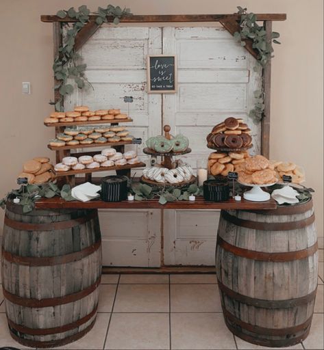 Rustic Donut Display, Western Sage Green Wedding, Desert Display Wedding, Sage Green Grad Party Decor, Donuts Wedding Display, September Wedding Shower Ideas, Donut Display Wedding, Sage Green Western Wedding, Sage Green Grad Party