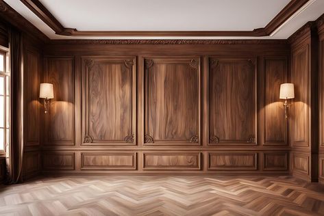 Premium Photo | Premium style an empty room with wooden boiserie on the wall featuring walnut wood panels Walnut Shiplap, Walnut Paneling, Paneling Ideas, Dinner Theatre, Panel Moulding, Empty Room, Free Business Card Mockup, Orient Express, Wood Panels