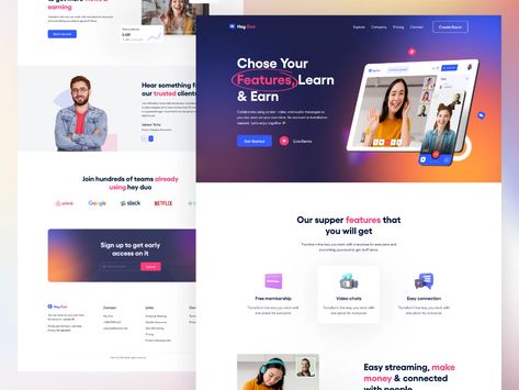 Hey Duo || Video Conference Website Landing Page by Arman Hossain for Drawstack on Dribbble Conference Website, Flat Design Website, Website Landing Page, Directory Design, Learn Earn, Digital Web, Ux Design Inspiration, User Experience Design, Best Web Design