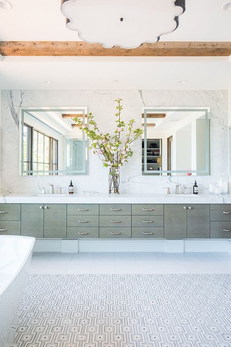 Floating Bathroom Vanity with two sinks Featuring a long floating Rift Oak vanity with greywash finish, a counter-to-ceiling marble slab backsplash and double sinks, this is, by all means, a show-stopper bathroom Floating Bathroom Vanity with two sinks Gray Wood Floating Sink Vanity #FloatingBathroomVanity #bathroomvanity #vanity Floating Sink Vanity, Long Vanity, Kitchen Rugs Sink, Floating Bathroom Vanities, Dream Shower, Floating Bathroom Vanity, Transitional Bathroom, Bathroom Trends, California Homes