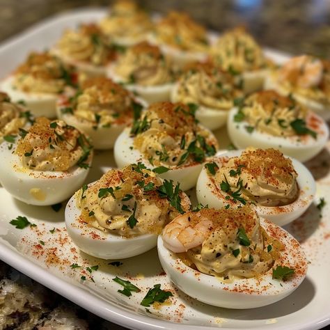 🥚 Seafood Boil Inspired Deviled Eggs, a creative twist on a classic! 🍤 🍴 Seafood Boil Deviled Eggs 🛒 Ingredients: Eggs: 12 Mayonnaise: 1/4 cup Mustard: 1 tbsp Old Bay seasoning: 1 tsp Crab meat: 100g Shrimp: 100g, chopped Parsley: for garnish 👩‍🍳 Instructions: Prepare Eggs: Hard boil eggs, peel, and halve. Mix Filling: Scoop yolks, mix with mayo, mustard, seasoning, crab, and shrimp. Stuff Eggs: Spoon filling into egg whites. Garnish: Sprinkle with parsley. 🥚 Impress your guests with thes... Hard Boil Eggs, Crab And Shrimp, Boil Eggs, Sea Food Salad Recipes, Prepared Eggs, Food Salad, Instagram Recipes, Twisted Recipes, Seafood Boil