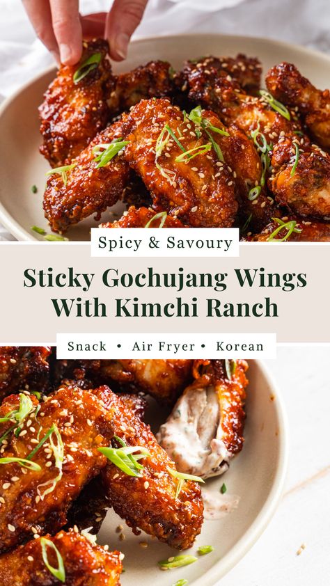 Why are Gochujang chicken wings so good? And what makes Korean wing sauce so unique?  Treat yourself to this spicy, savoury comfort snack – and get ready for some pure Korean inspired magic!   #theculinarycartel #snacks #gochujang #wings #airfryer #koreancuisine Korean Gochujang Chicken Wings, Korean Wings Sauce, Gochujang Wing Sauce, Wingstop Spicy Korean Recipe, Gochujang Fried Chicken, Air Fryer Korean Chicken Wings, Korean Lunch Food, Unique Wing Sauce Recipes, Korean Finger Food