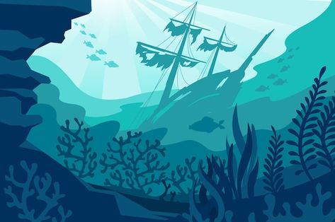 Underwater Silhouette, Undersea Illustration, Sea Silhouette, Underwater Environment, Environment Illustration, Ship Silhouette, Ocean Mural, Underwater Cartoon, Art Underwater