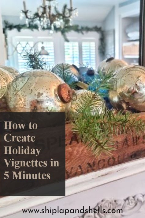 There is so much to do during the holidays...shopping, baking, decorating, coordinating holiday events. Wouldn't it be nice to free up some of your time? I've got a few easy ideas for creating holiday vignettes in 5-minutes or less. Christmas Buffet Decor Ideas, Top Of Hutch Christmas Decor, Christmas Vinette Ideas, Christmas Vingette Ideas, Christmas Vinyettes, Christmas Countertop Decor Ideas, Christmas Sofa Table Decor, Christmas Coffee Table Decor Living Rooms, Christmas Vignettes Display