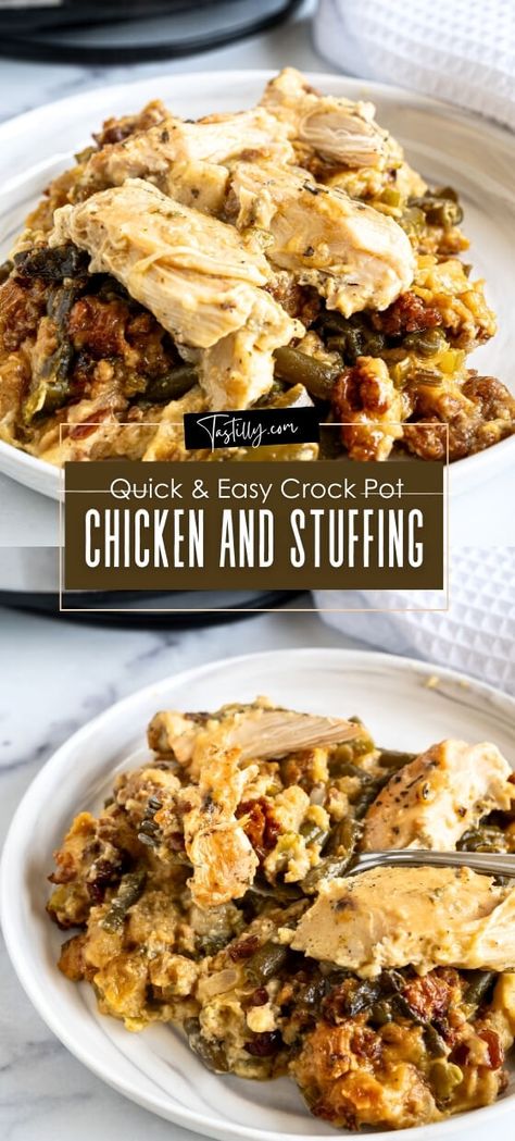 Quick & Easy Crock Pot Chicken and Stuffing - Tastilly Crock Pot Chicken Stuffing, Crock Pot Chicken And Stuffing, Utah Christmas, Easy Crock Pot Chicken, Apple Brownies, Best Lentil Soup Recipe, Potato Buns, Chicken Dressing, Chicken Stuffing Casserole