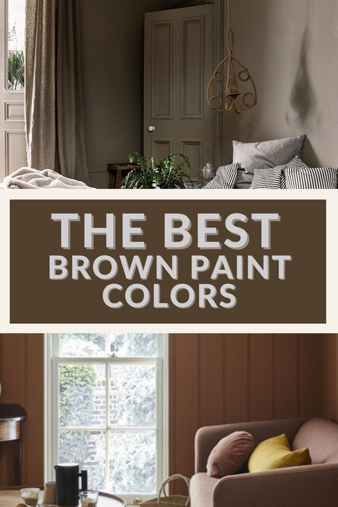 the best brown paint colors Brown Paint Colors 2024, Brown Bathroom Paint Colors, Gray Walls Brown Trim, Dark Living Room Colors, Gray Brown Paint Color, Library Pewter Sherwin Williams, Brown Ceiling Paint, Dark Brown Trim Interior, Brown Bathroom Paint